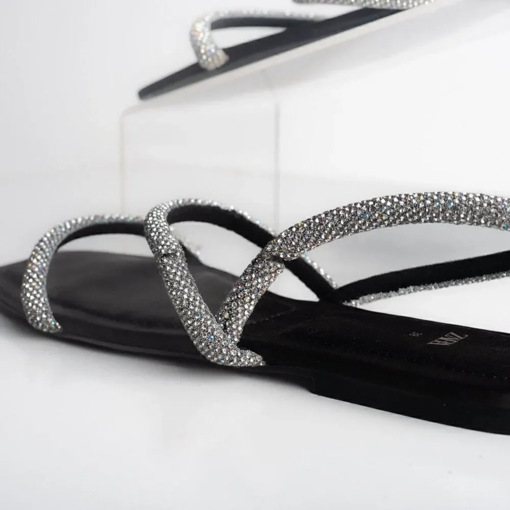 Zara Womens Black Strappy Rhinestone Slingback Flat Sandals Sz US 7.5 EU 38 - Picture 6 of 10
